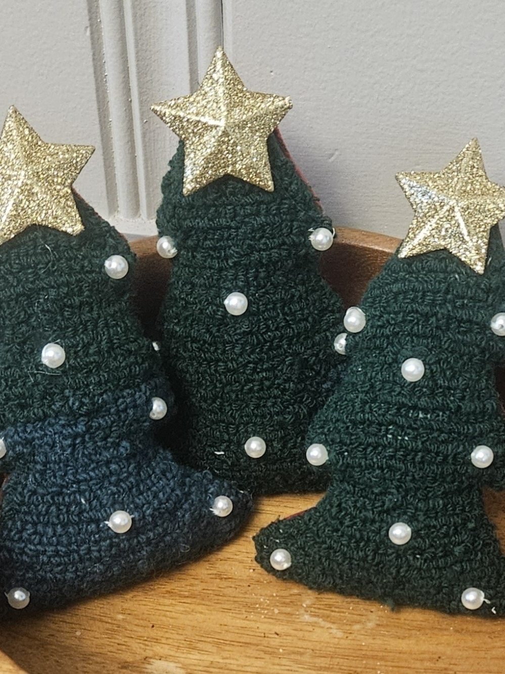 Handmade Dark Green Rug Hooked Christmas Tree Accent with Pearls and Gold Star